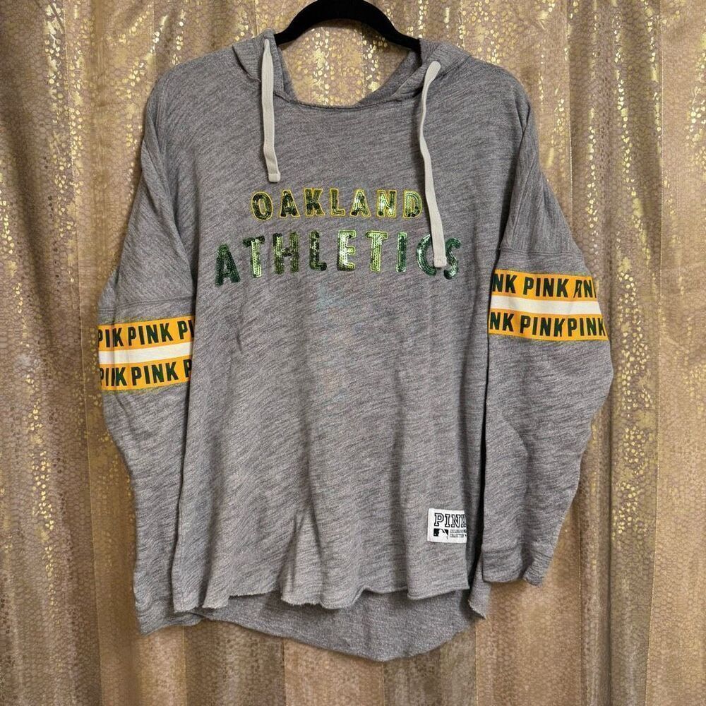 PINK Victorias Secret Oakland A's Gray Green Sequin Hoodie Sweater Small